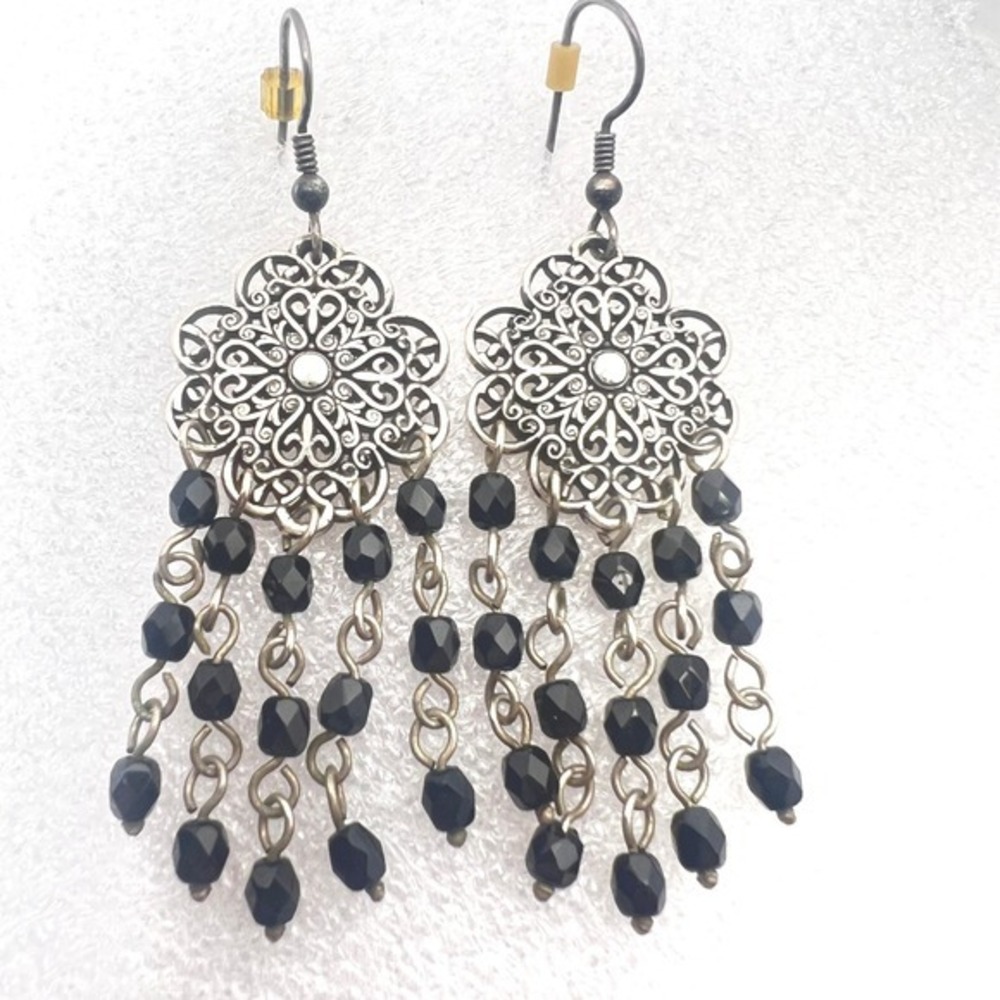 Brighton‎ Chandelier Earrings Filigree Medallion Faceted Black Beads Silver tone